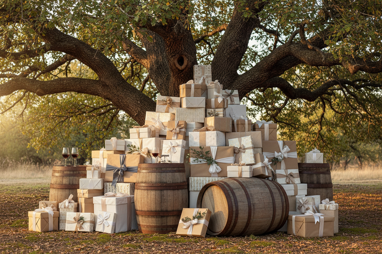 pile of gifts under oak tree with with barrels