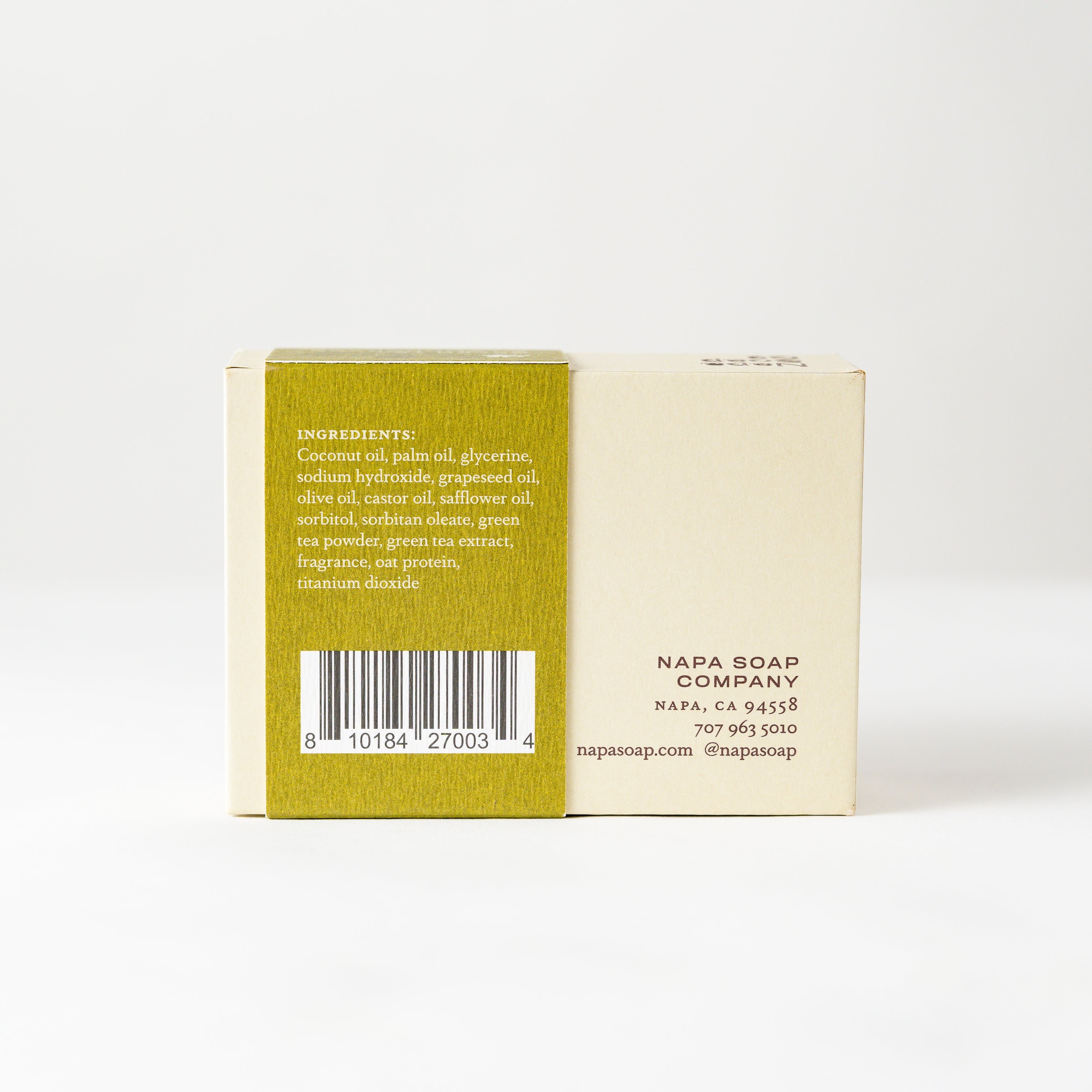 Back of a soap packaging box with text and a barcode on a white background