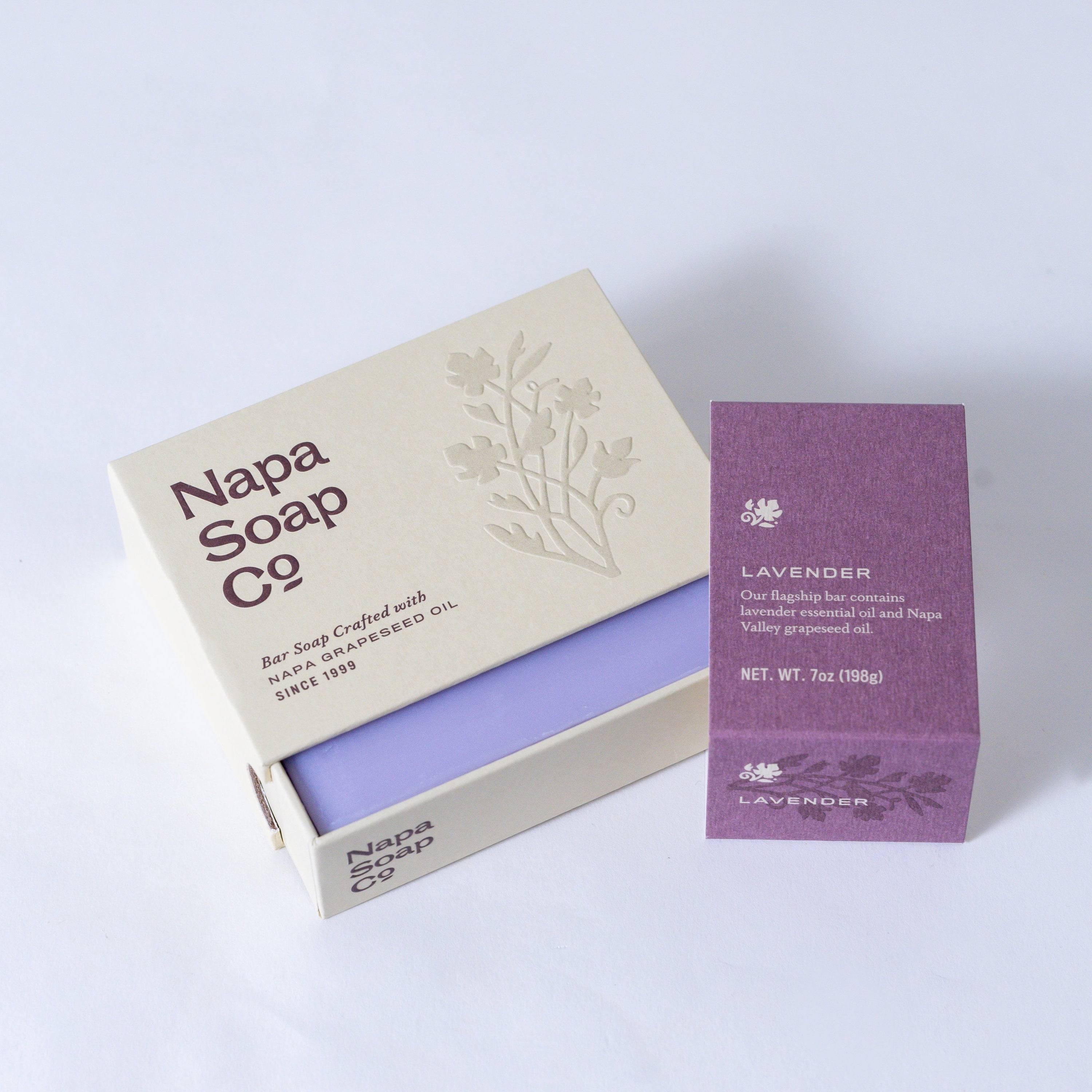 Napa Soap Co lavender soap bar with packaging on a white background