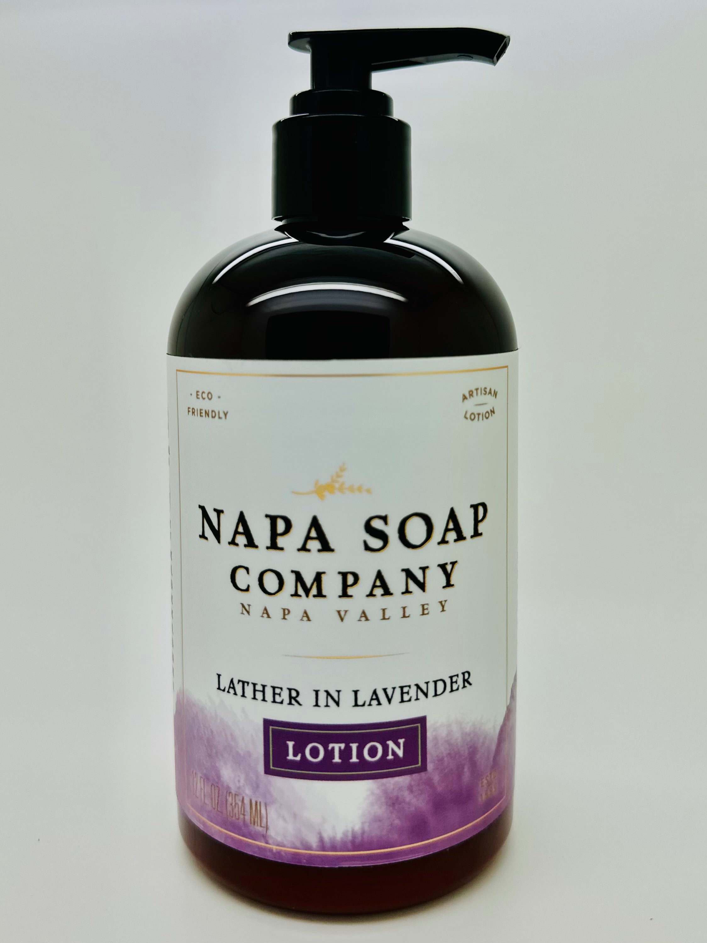 A pump bottle of Napa Soap Company's Lavender Lotion on a white background.