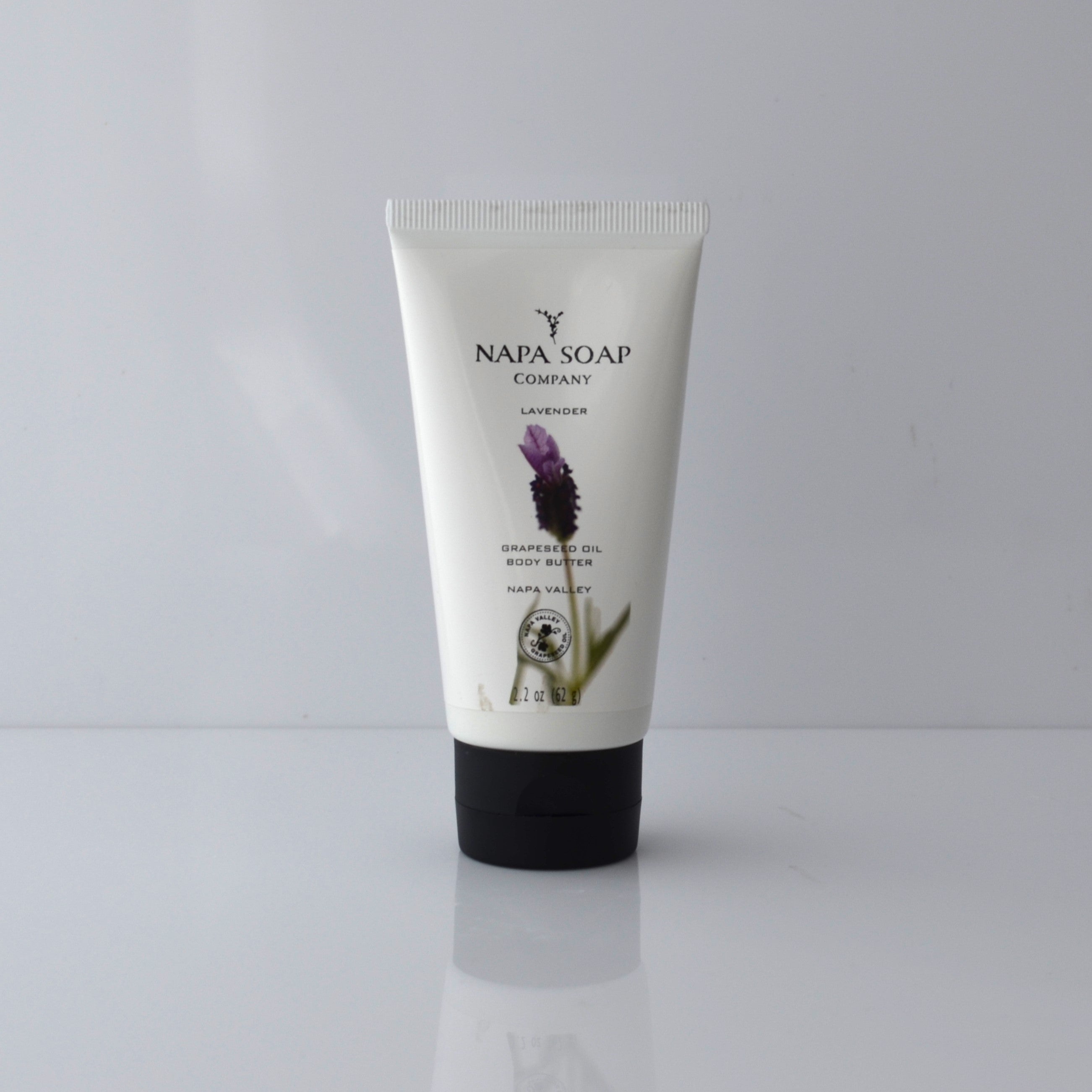 Travel size body butter tube with a white label, black cap, and lavender illustration, branded by NAPA SOAP COMPANY.